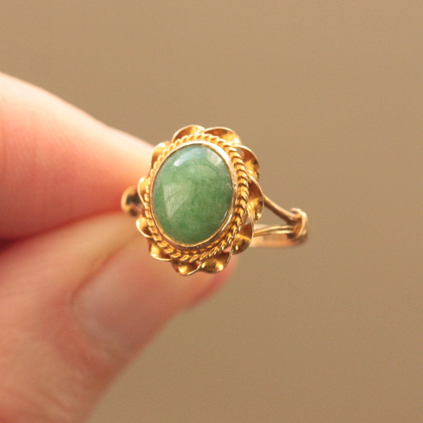 Vintage 9ct Gold and Green Jade Solitaire Ring, 1968