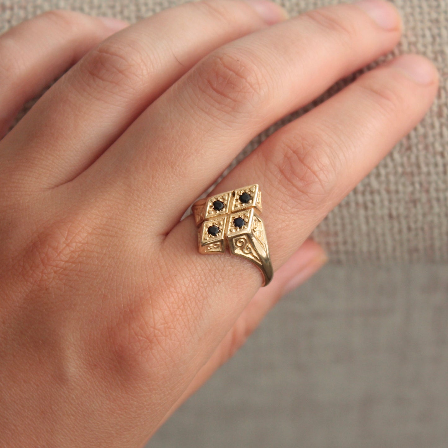 Pre-owned 9ct Gold & Black Sapphire Diamond Shaped Statement Ring