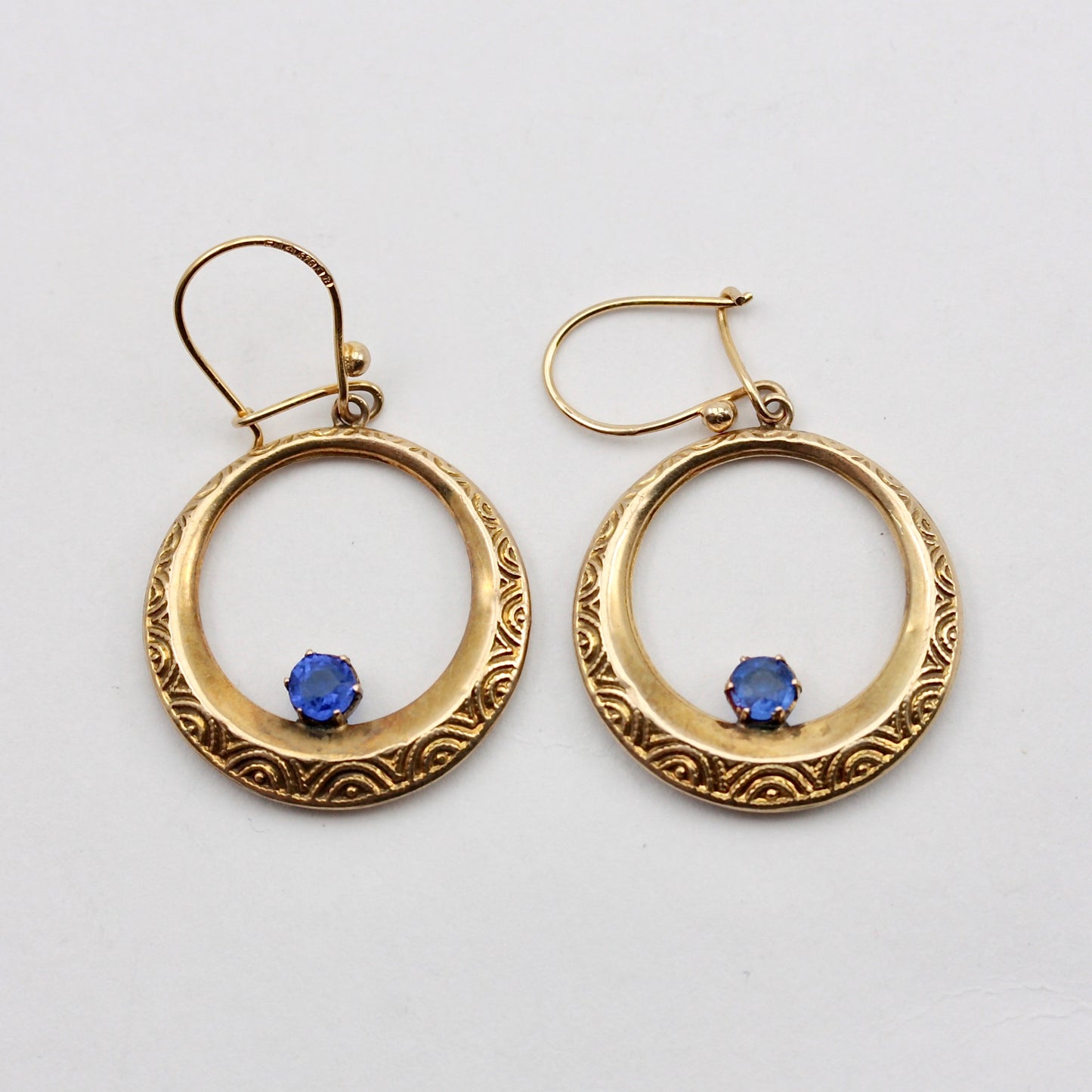 Vintage 9ct Gold Dangle Hoop Earrings with Blue Crystal, 1976
