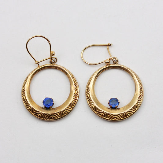 Vintage 9ct Gold Dangle Hoop Earrings with Blue Crystal, 1976