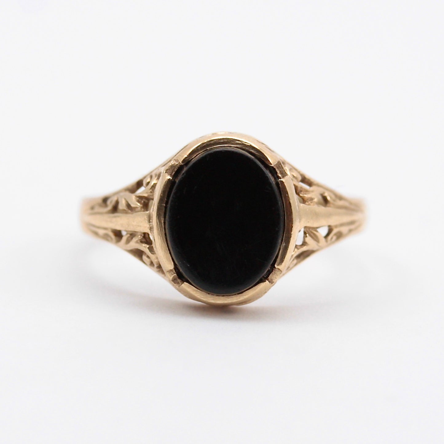 Vintage 9ct Gold Onyx Ring with Ornate Setting, 1975