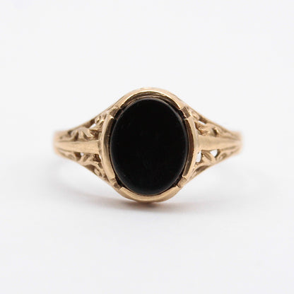 Vintage 9ct Gold Onyx Ring with Ornate Setting, 1975