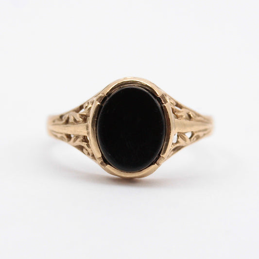 Vintage 9ct Gold Onyx Ring with Ornate Setting, 1975