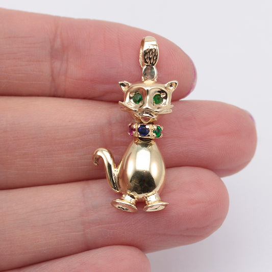 Pre-owned 9ct Gold Gemstone Set Cat Pendant 