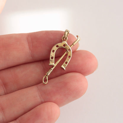 Vintage 9ct Gold Horseshoe and Riding Crop Pendant, 1988