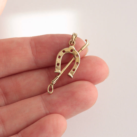 Vintage 9ct Gold Horseshoe and Riding Crop Pendant, 1988