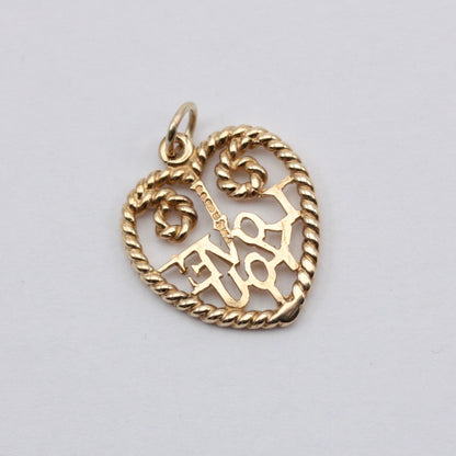 Vintage 9ct Gold 'I LOVE YOU' Rope Heart Pendant, 1986