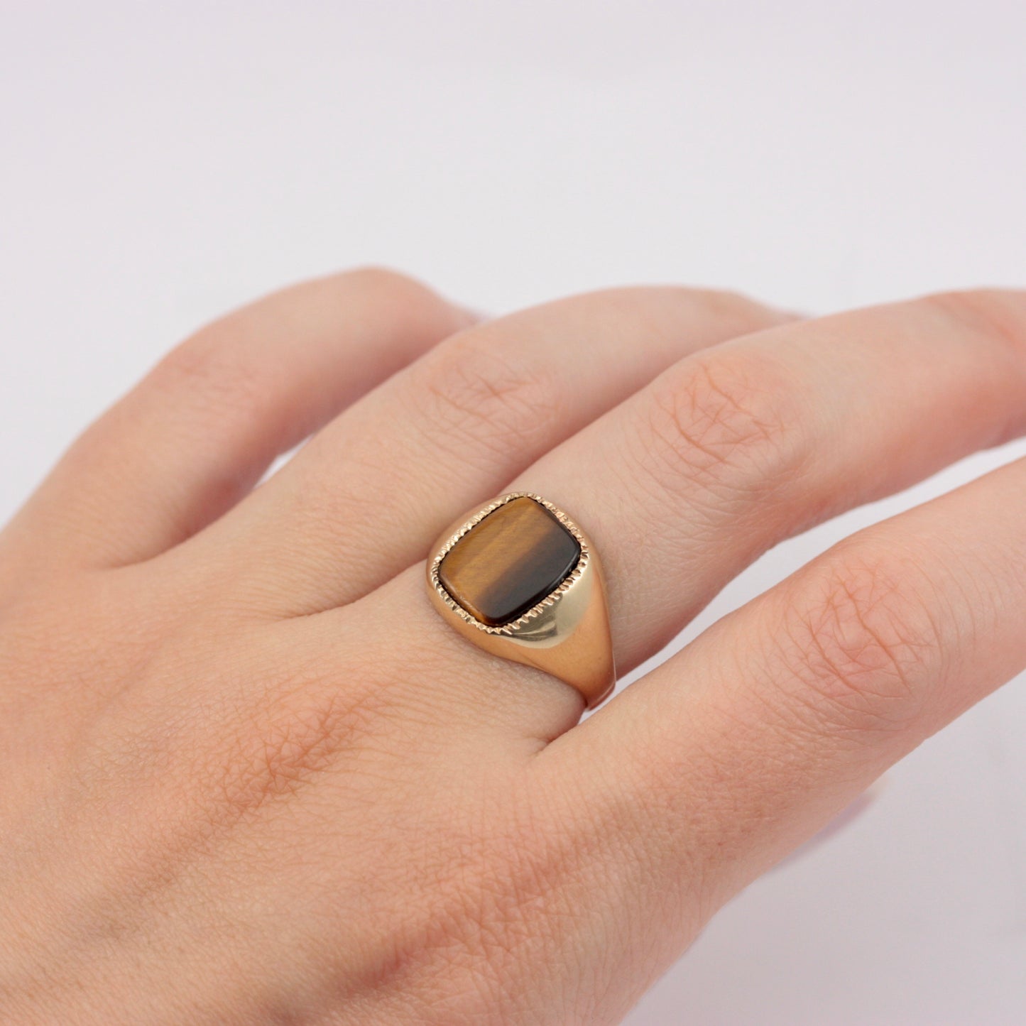 Vintage 9ct Gold Tigers Eye Signet Ring, 1984