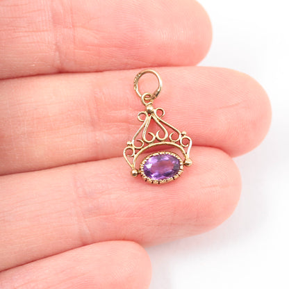 Small Vintage 9ct Gold Amethyst Fob Style Charm / Pendant, 1993