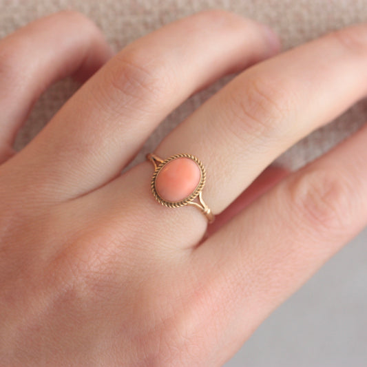 Vintage 9ct Gold Coral Cabochon Solitaire Ring, 1989