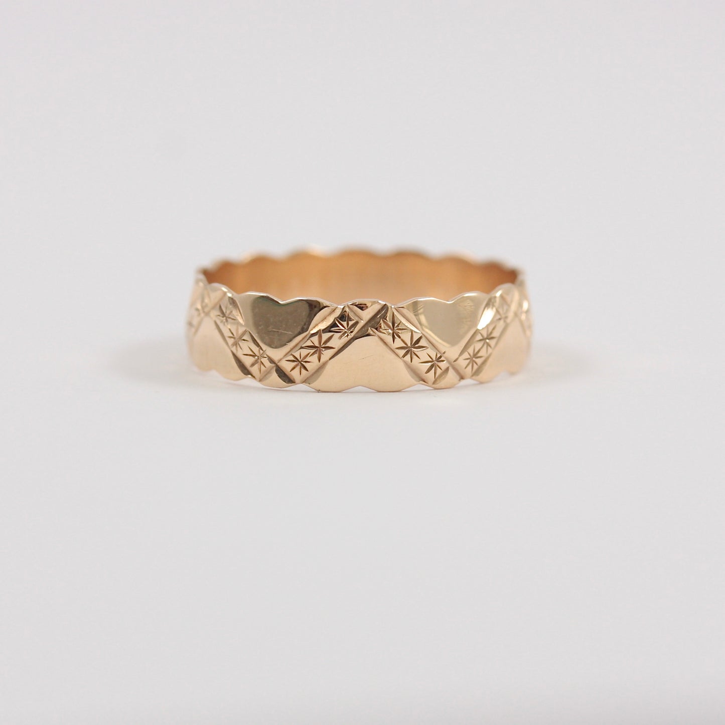 Vintage 9ct Gold Scalloped Edge Patterned Band Ring, 1987