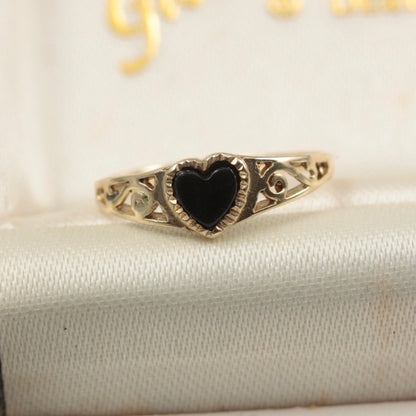 Dainty Vintage 9ct Gold Black Onyx Heart Signet Ring, 1992