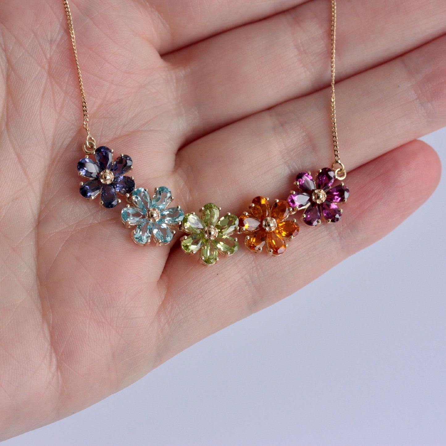 Pre-owned 9ct Gold Multi Gemstone Flower Necklace, 2006