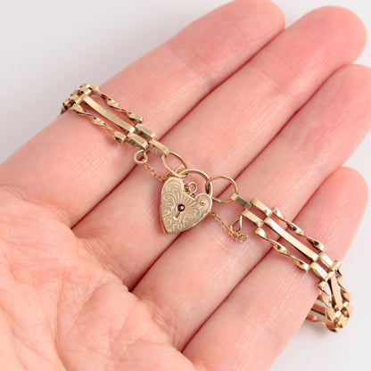 Vintage 9ct Gold 3 Bar Gate Bracelet with Engraved Heart Padlock, 1980