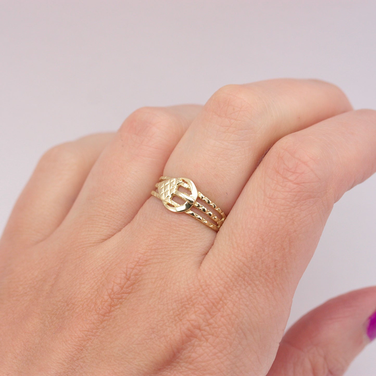 Vintage 9ct Gold Textured Cut Out Buckle Ring, 1989