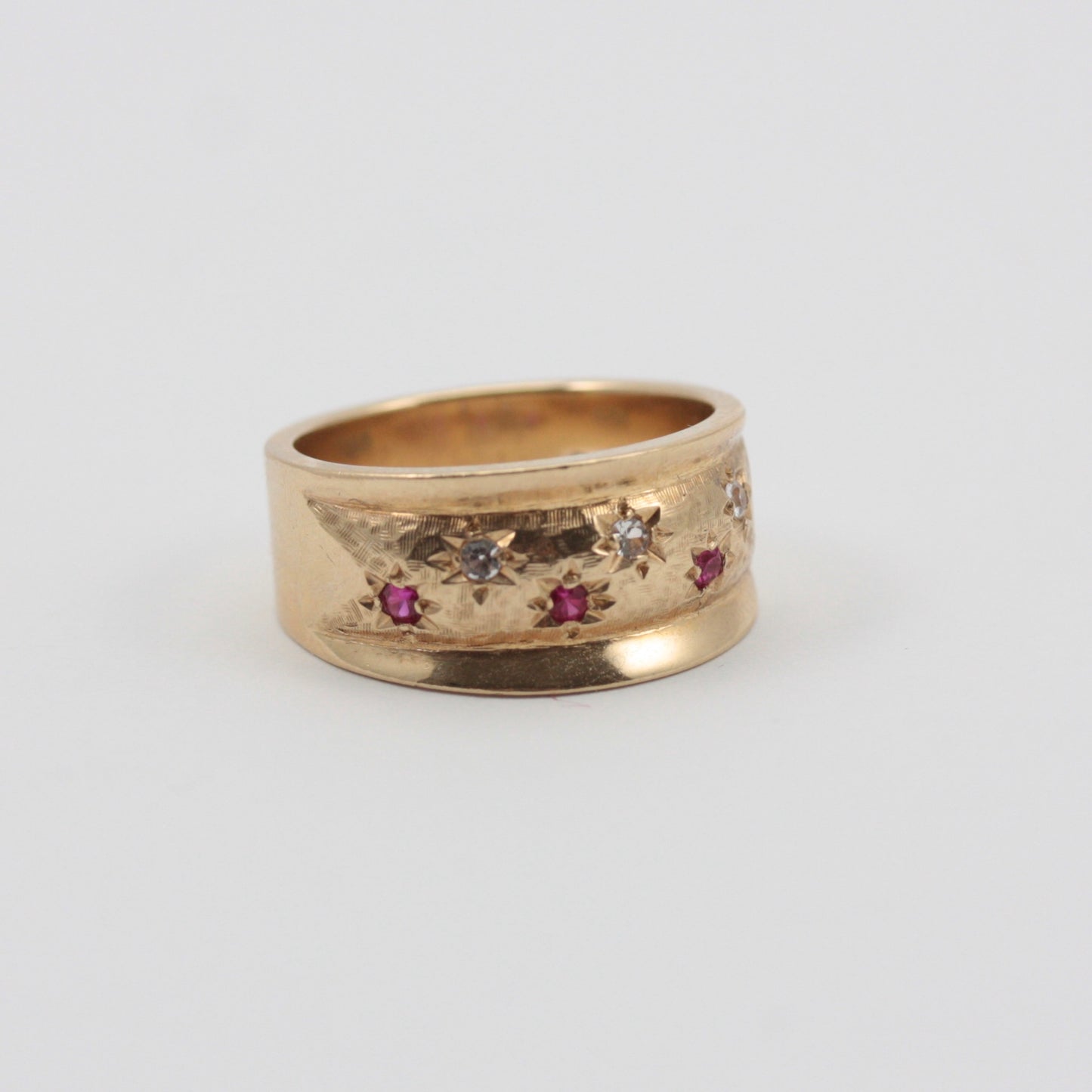 Vintage 9ct Gold Star Set Gemstone Wide Band Ring, 1962