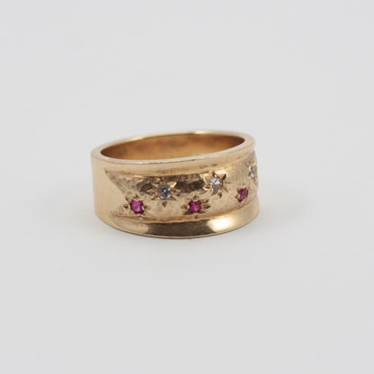 Vintage 9ct Gold Star Set Gemstone Wide Band Ring, 1962