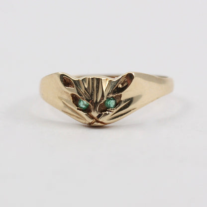 Vintage 9ct Gold Cat Ring with Emerald Eyes, 1988