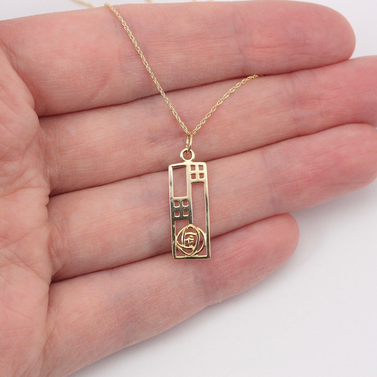 Vintage 9ct Gold Rennie Mackintosh Style Pendant with Chain