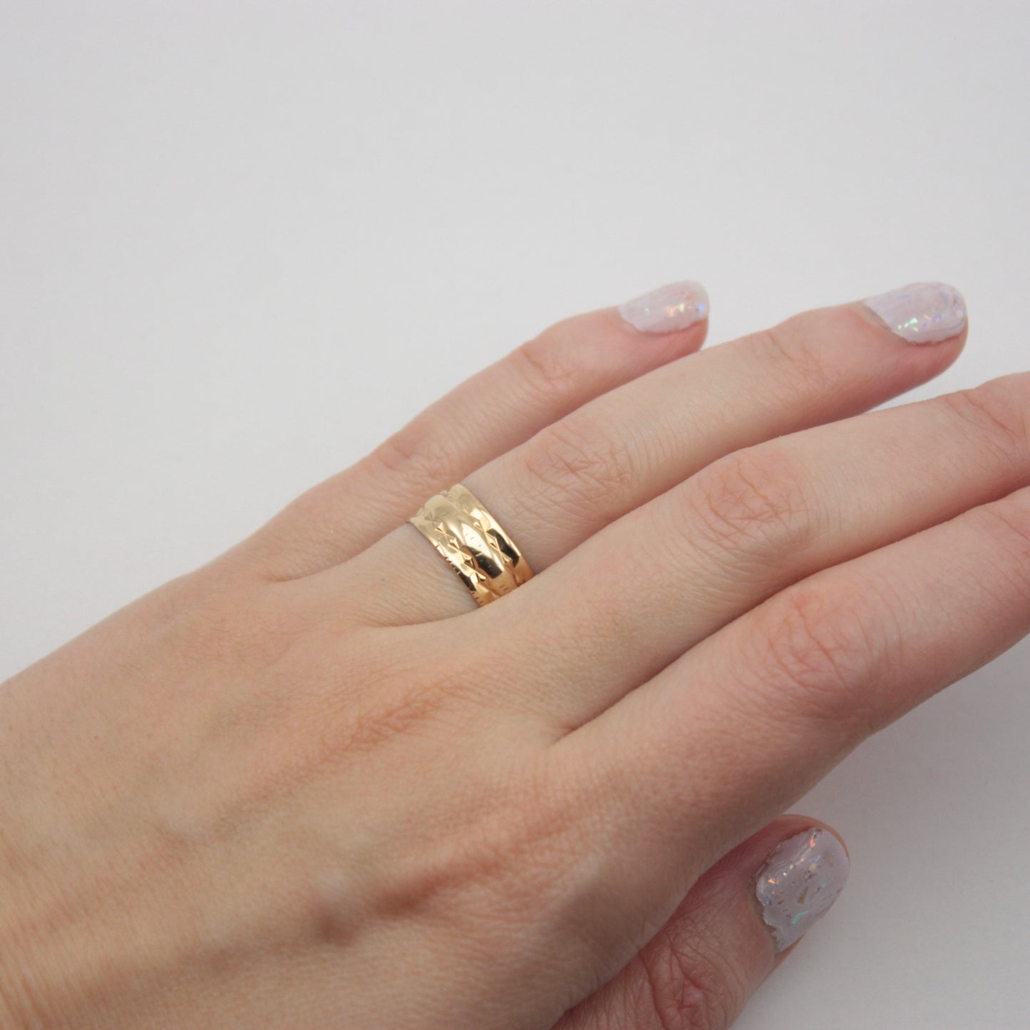 Vintage 9ct Gold Wide Patterned Band Ring, 7mm, 1973