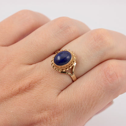 Vintage 9ct Gold Lapis Lazuli Rope Framed Ring, c1980s