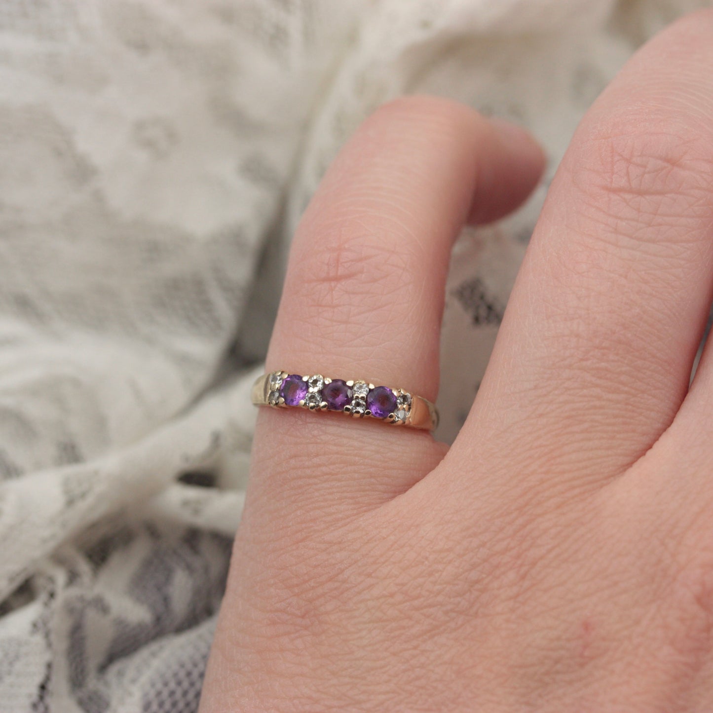 Vintage 9ct Gold Amethyst and CZ Band Ring, 1980s