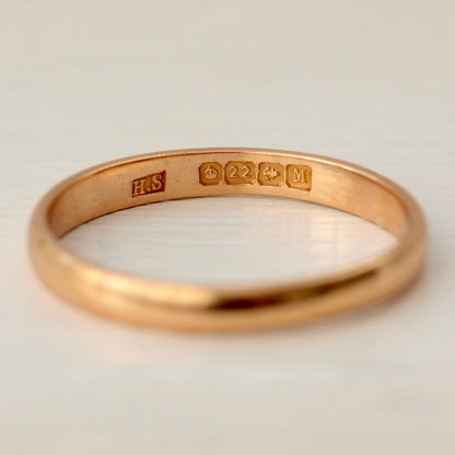Vintage 22ct Gold Slim Wedding Band Ring, 1936