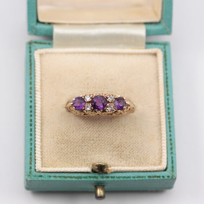 Vintage 9ct Gold Amethyst and Quartz Boat Ring, 1974