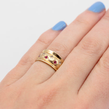 Vintage 9ct Gold Star Set Gemstone Wide Band Ring, 1962