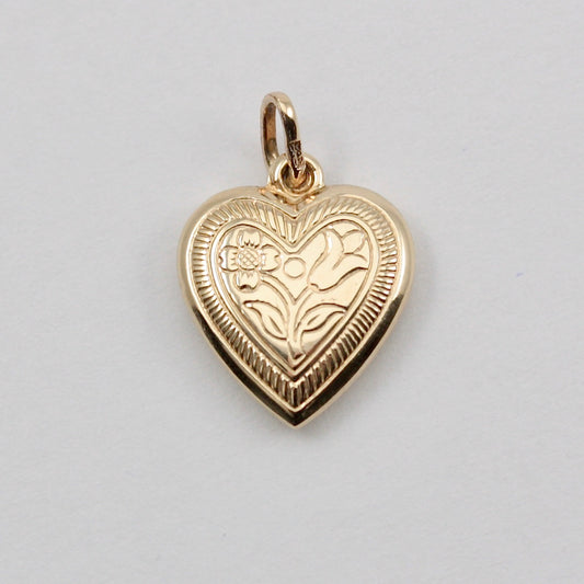 Vintage 9ct Gold Floral Engraved Heart Charm