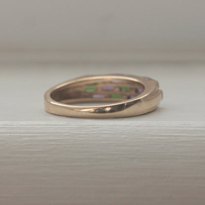 Late Vintage 9ct Gold Amethyst and Chrome Diopside Chequered Band
