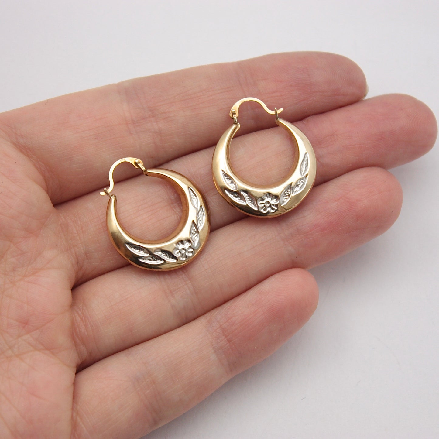 Pre-owned 9ct Two Tone Gold Floral Creole Hoop Earrings, Medium