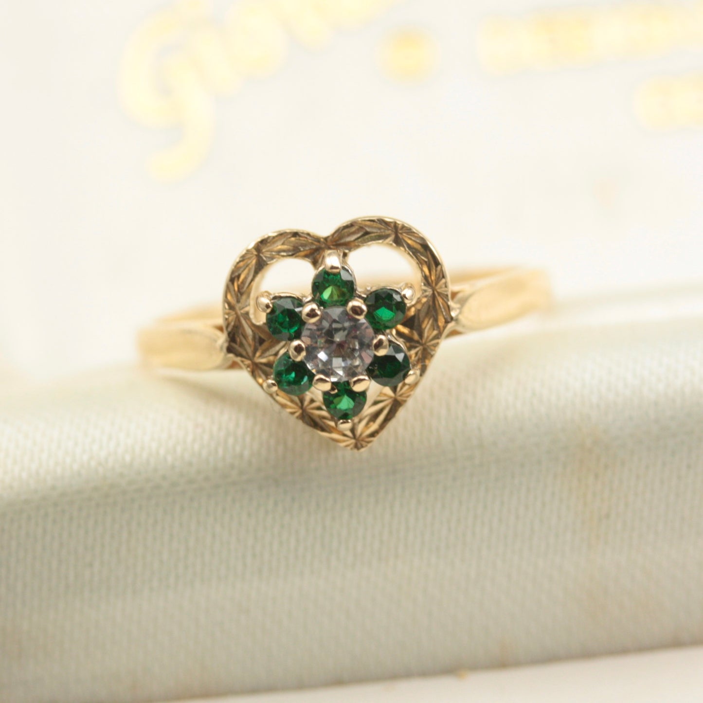 Vintage 9ct Gold, Green and White Spinel Heart Ring, 1979