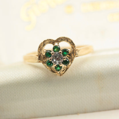 Vintage 9ct Gold, Green and White Spinel Heart Ring, 1979