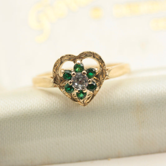 Vintage 9ct Gold, Green and White Spinel Heart Ring, 1979
