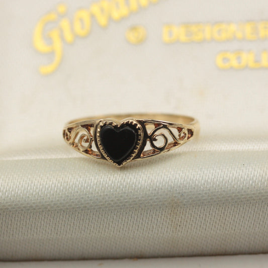 Dainty Vintage 9ct Gold and Onyx Heart Ring, 1986