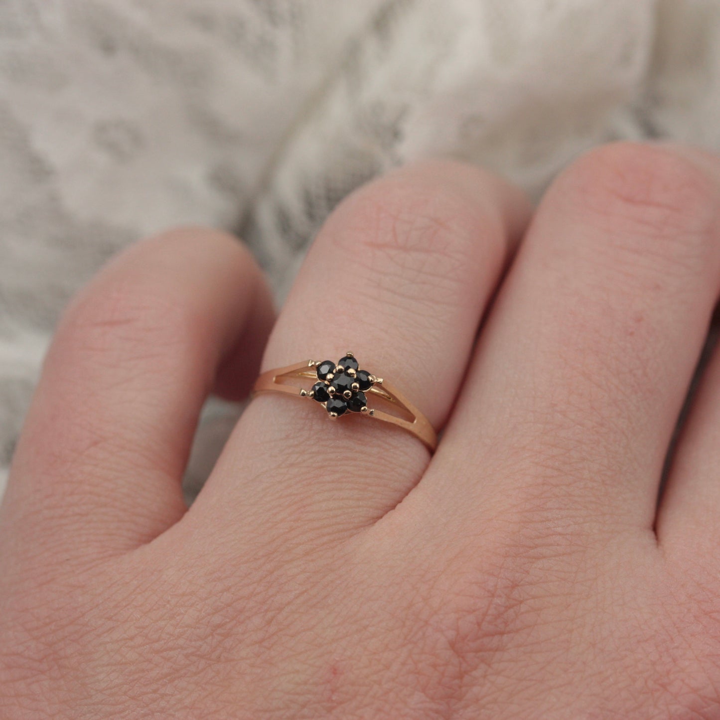 Dainty Vintage Dark Sapphire Flower Cluster Ring, 1984