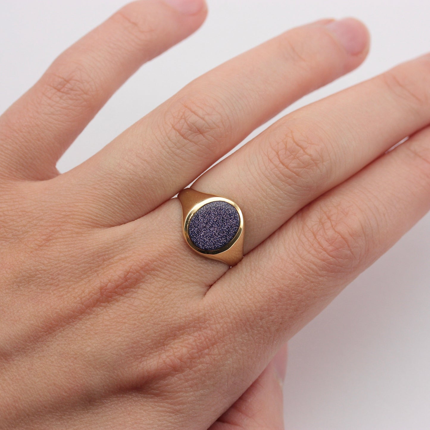 Vintage 9ct Gold Blue Goldstone Signet Ring, 1989