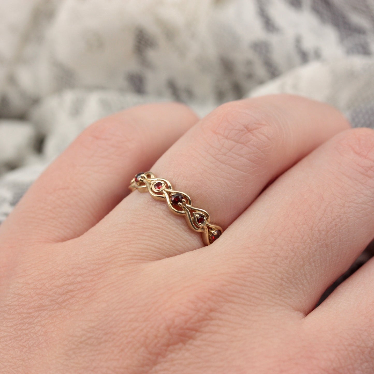 Vintage 9ct Gold and Garnet Fancy Band Ring, 1980