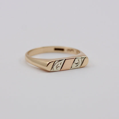 Vintage 9ct Tri Colour Gold Flat Front Ring, 1985