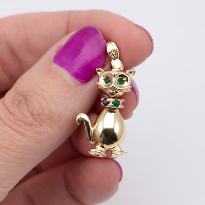 Modern Pre-owned 9ct Gold Cat Pendant set with Gemstones