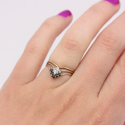Vintage 9ct Gold Black and White CZ Wishbone Ring, 1988