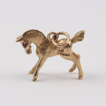 Vintage 9ct Gold Horse Charm with Ruby Eyes, GJLD, 1966