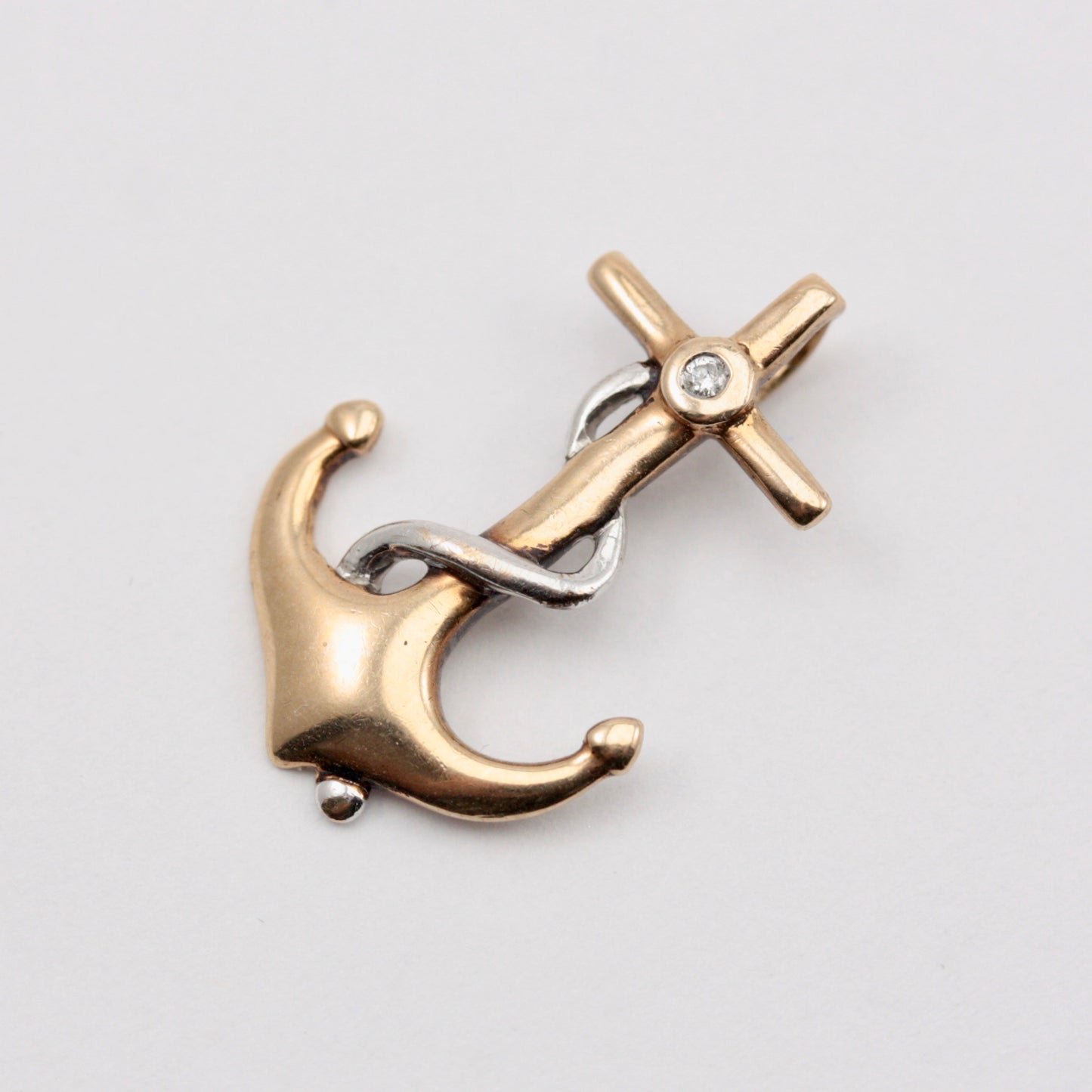 Late Vintage Two Tone 9ct Gold Anchor Pendant with Diamond