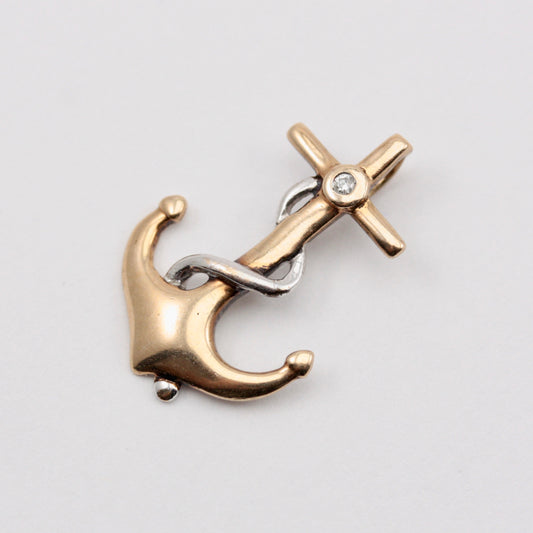 Late Vintage Two Tone 9ct Gold Anchor Pendant with Diamond