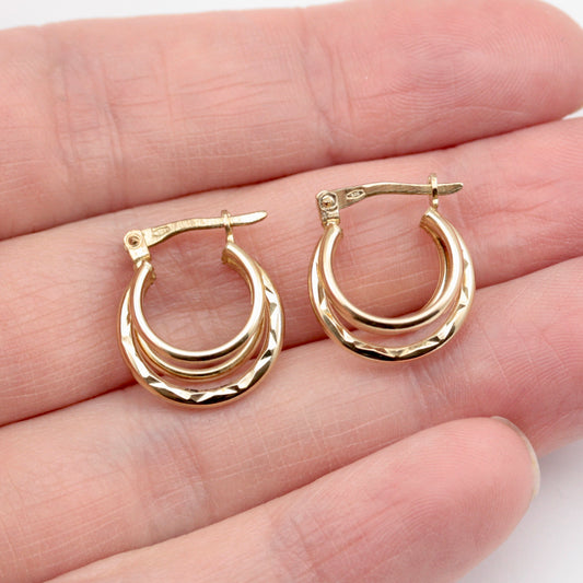 Vintage 9ct Gold Textured Triple Hoop Earrings, Small