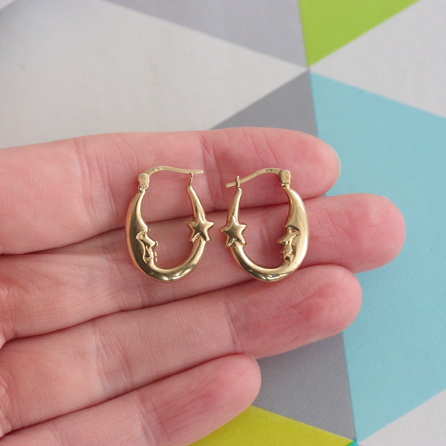 Pre-owned 9ct Gold Man In The Moon and Star Hoop Earrings