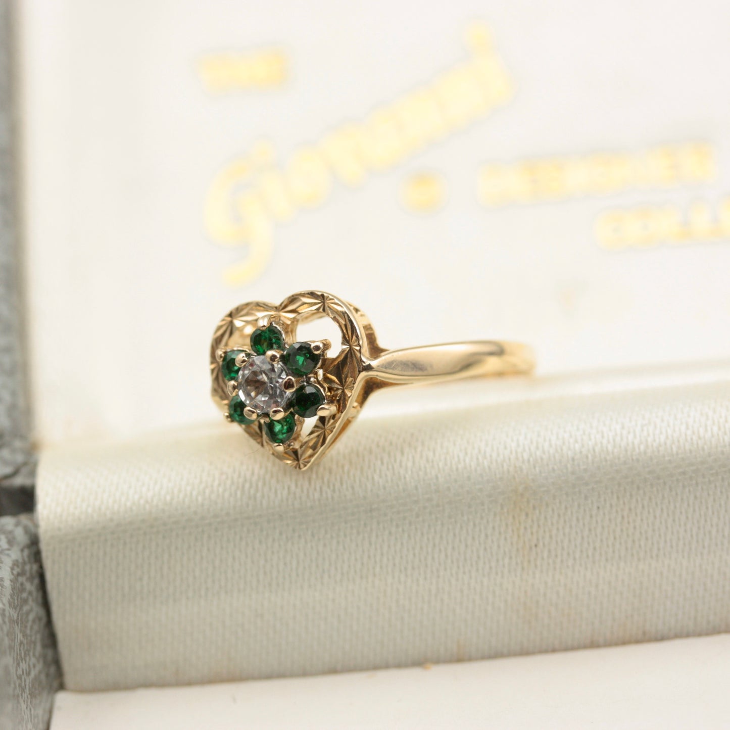 Vintage 9ct Gold, Green and White Spinel Heart Ring, 1979