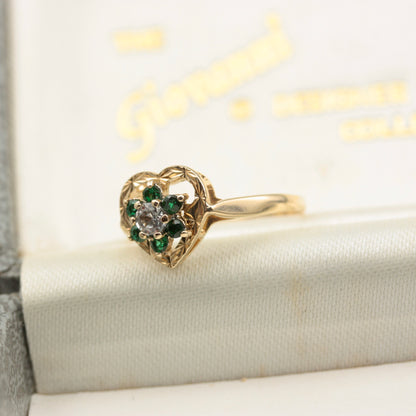 Vintage 9ct Gold, Green and White Spinel Heart Ring, 1979