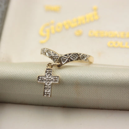 Pre-owned 9ct Gold Diamond Dangle Cross Charm Ring